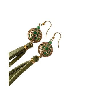 Rainforest Indigena Earrings Handmade Dangle Green Leather Boho 4.5-Inch Drop